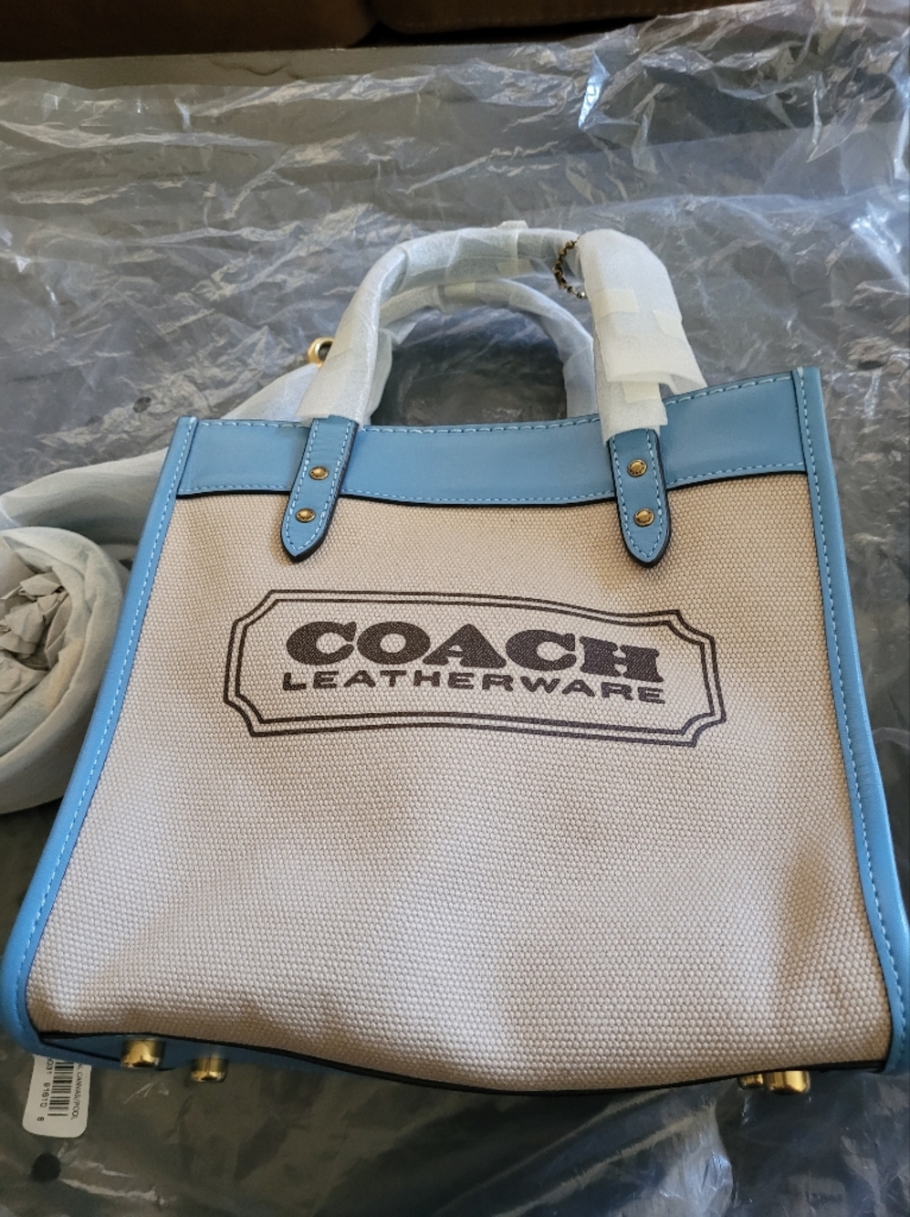 Brand New Coach Canvas Tote in Beige and Blue with Leather Trim. - Picture 2 of 7